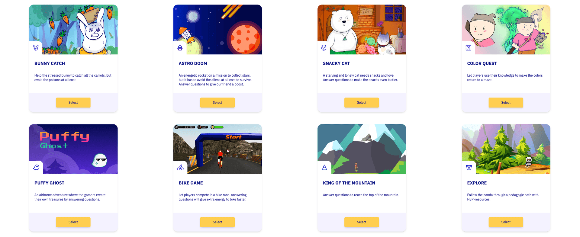 Screenshot of all the different game types in Gamilab
